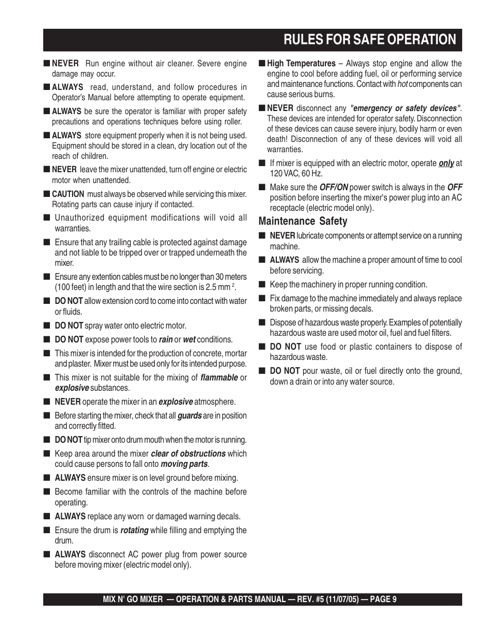 Rules for safe operation, Maintenance safety | Multiquip MC3P User Manual | Page 9 / 42