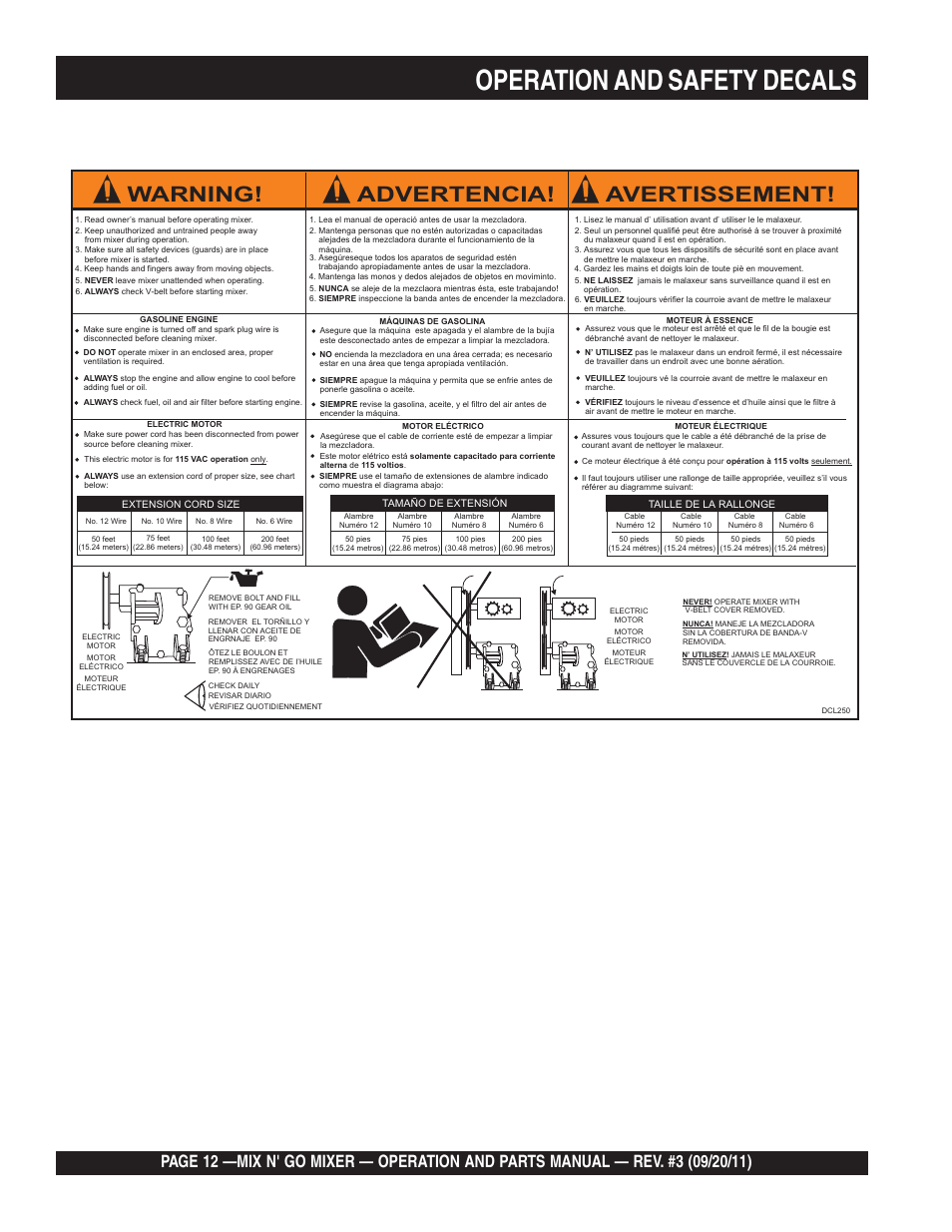 Operation and safety decals, Warning! advertencia! avertissement, P/n dcl250 | Multiquip MC3SBA User Manual | Page 12 / 46