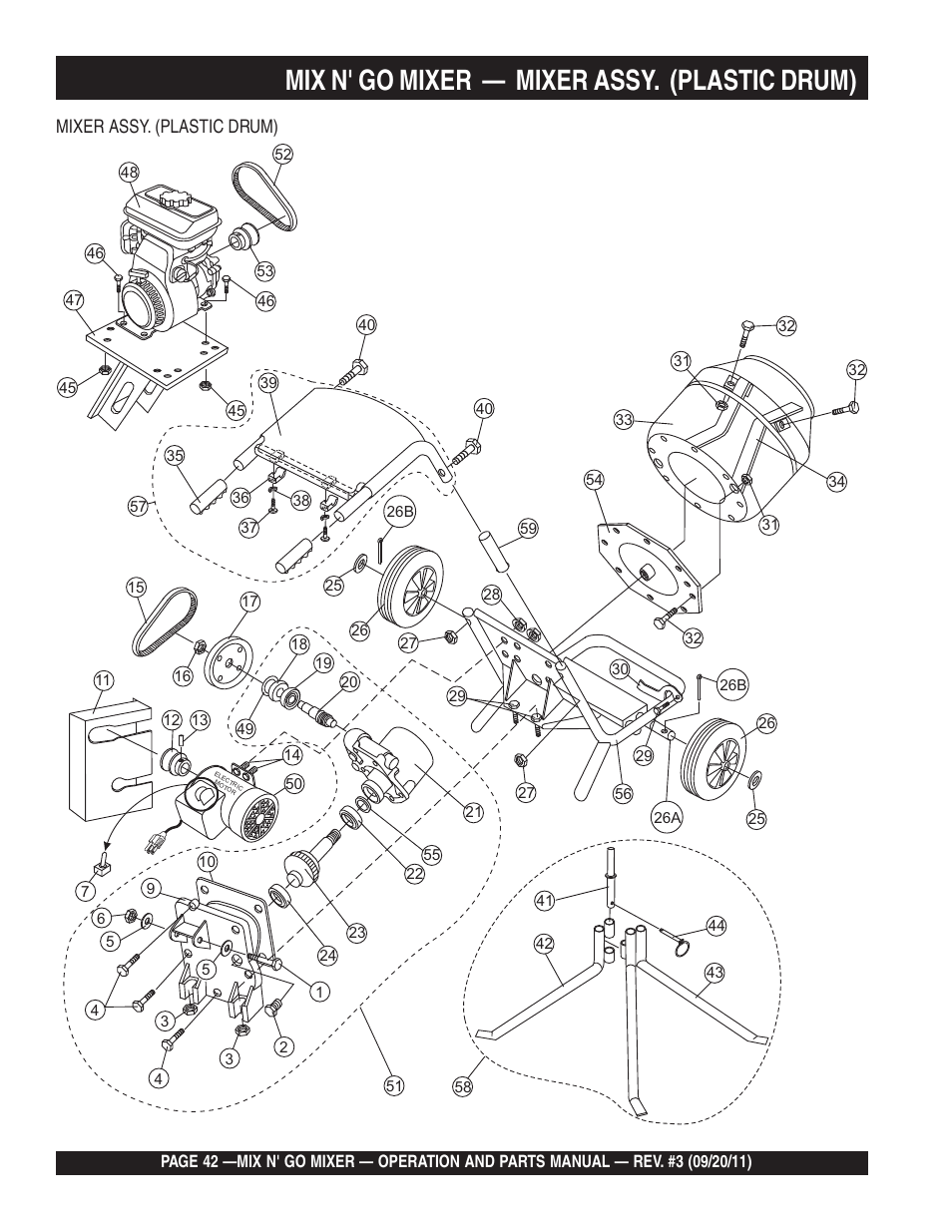 Mix n' go mixer — mixer assy. (plastic drum) | Multiquip MC3SBA User Manual | Page 42 / 46