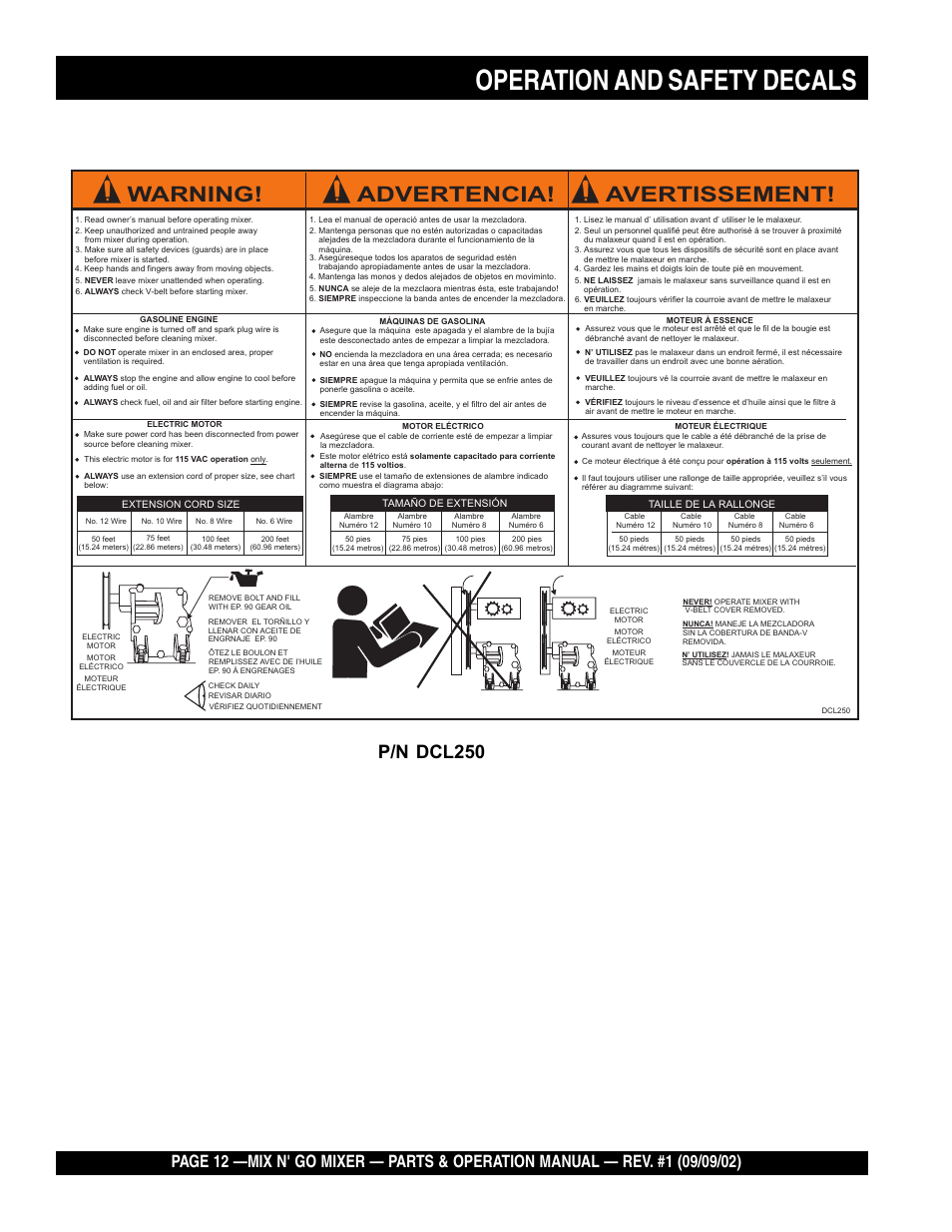 Operation and safety decals, Warning! advertencia! avertissement, P/n dcl250 | Multiquip MC3H User Manual | Page 12 / 72