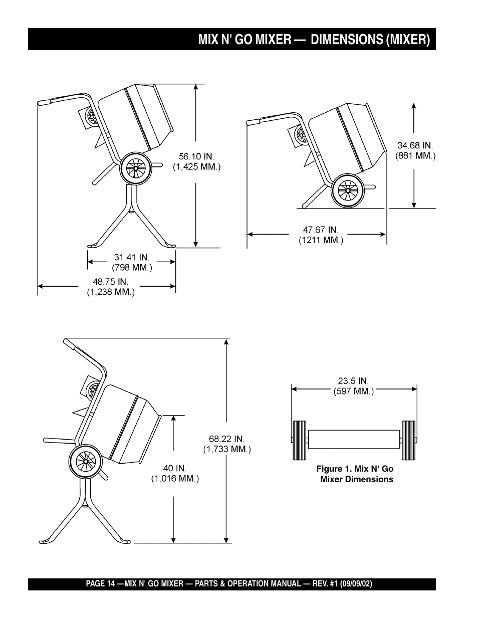 Mix n' go mixer — dimensions (mixer) | Multiquip MC3H User Manual | Page 14 / 72