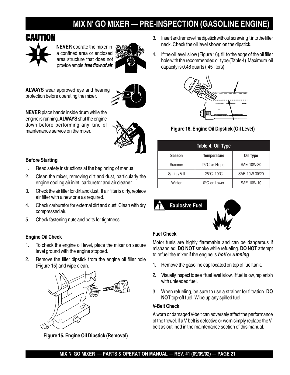 Mix n' go mixer — pre-inspection (gasoline engine), Caution | Multiquip MC3H User Manual | Page 21 / 72