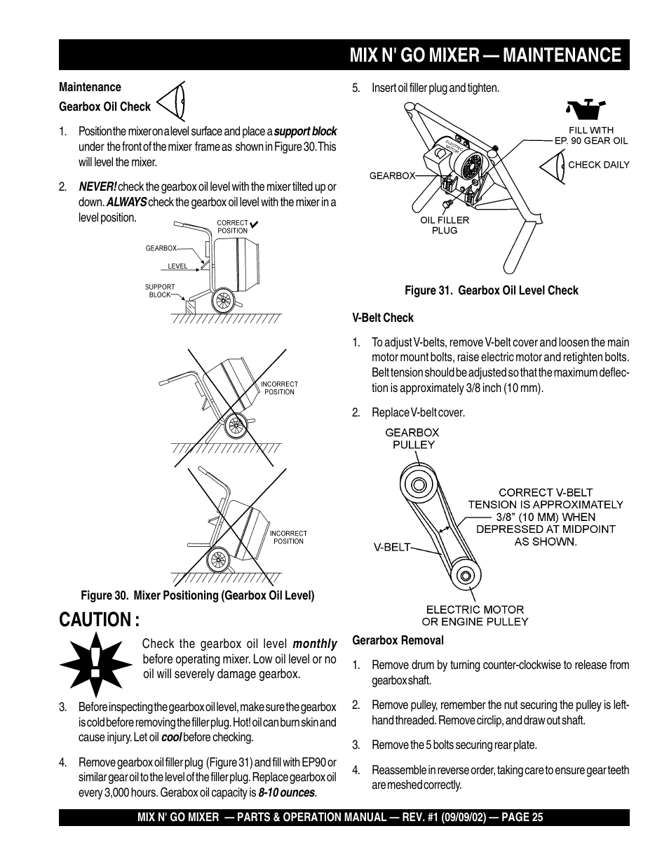 Mix n' go mixer — maintenance, Caution | Multiquip MC3H User Manual | Page 25 / 72