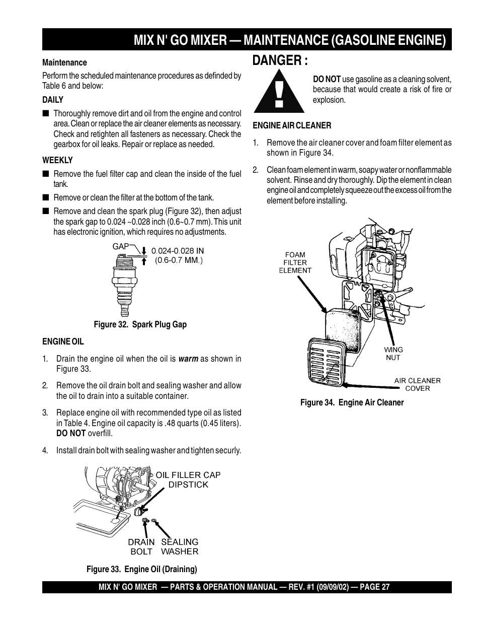 Danger, Mix n' go mixer — maintenance (gasoline engine) | Multiquip MC3H User Manual | Page 27 / 72