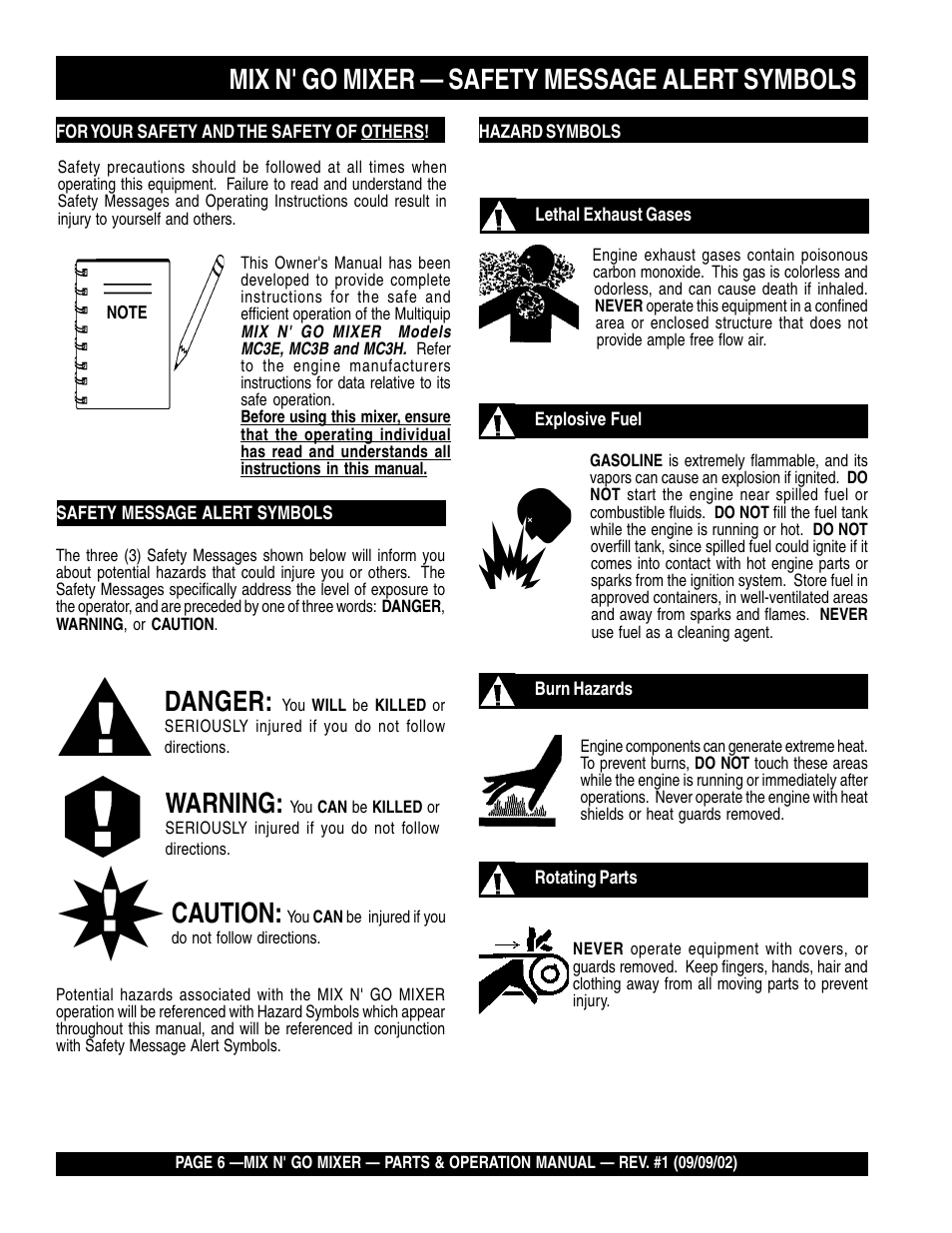 Mix n' go mixer — safety message alert symbols, Danger, Warning | Caution | Multiquip MC3H User Manual | Page 6 / 72