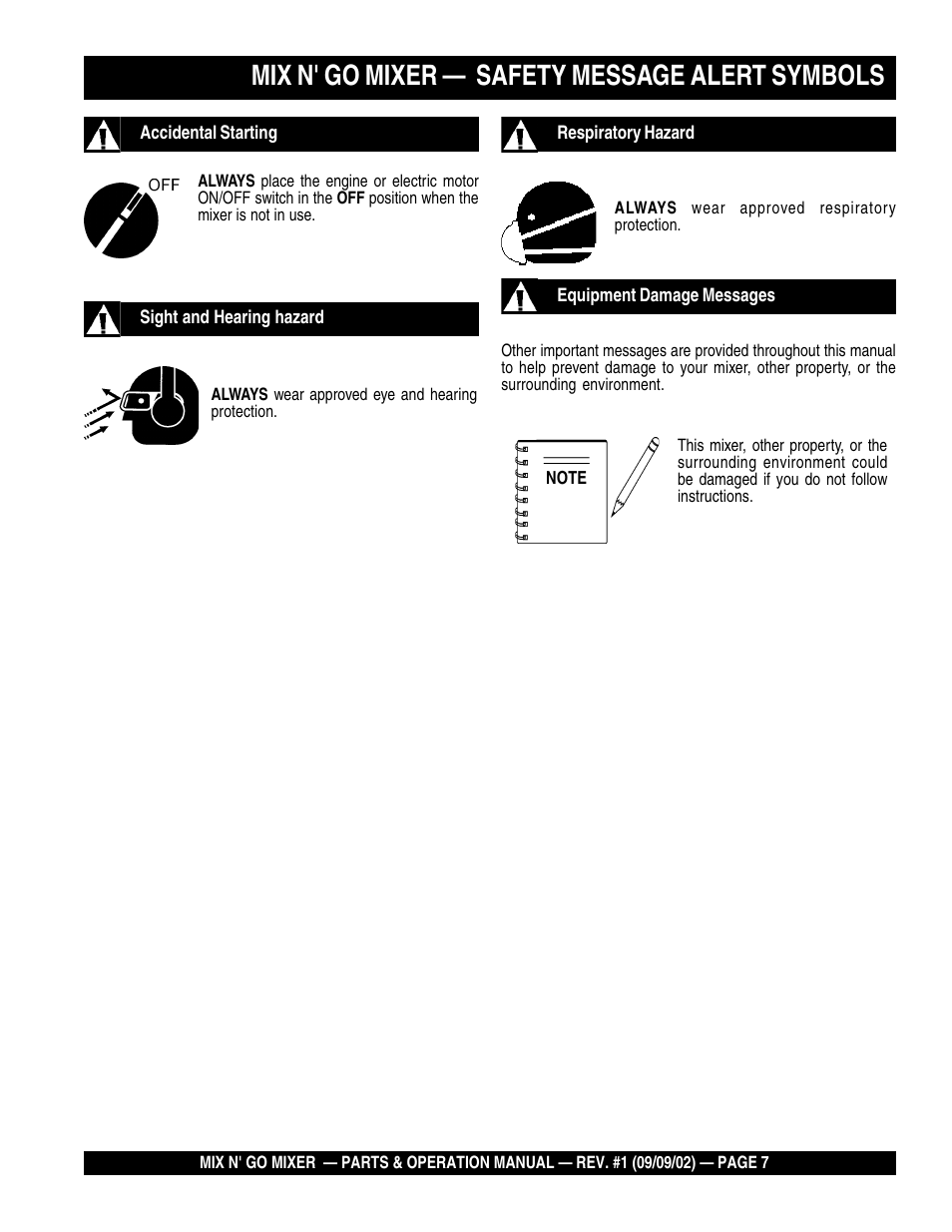 Mix n' go mixer — safety message alert symbols | Multiquip MC3H User Manual | Page 7 / 72