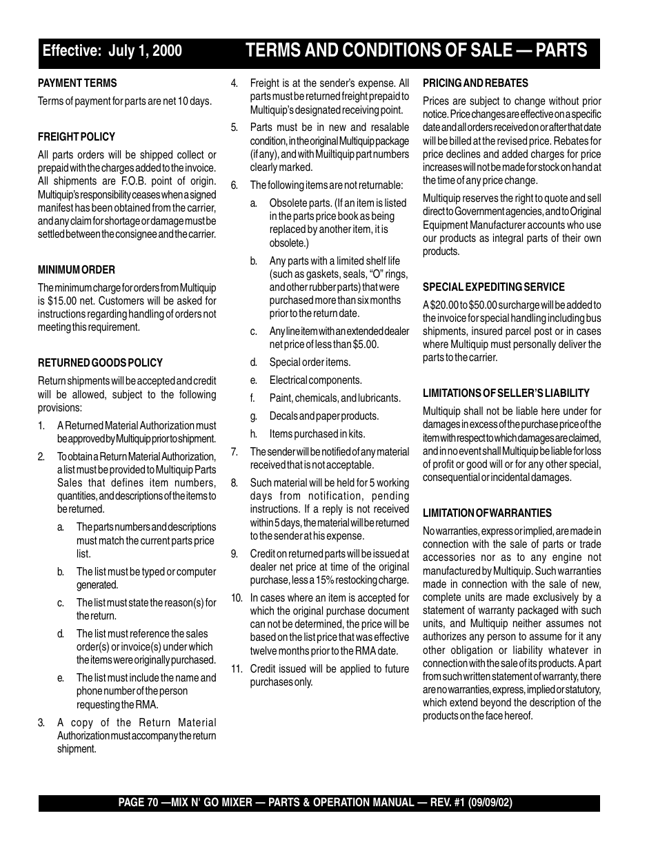 Terms and conditions of sale — parts | Multiquip MC3H User Manual | Page 70 / 72