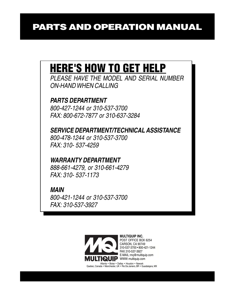 Here's how to get help, Parts and operation manual | Multiquip MC3H User Manual | Page 72 / 72