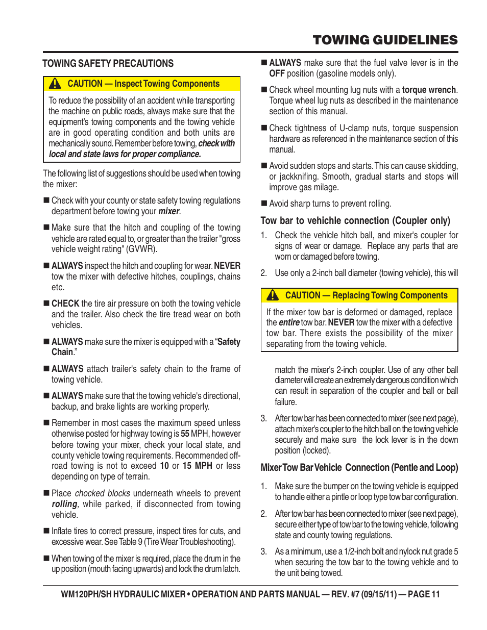 Towing guidelines | Multiquip WM120SH Series User Manual | Page 11 / 108