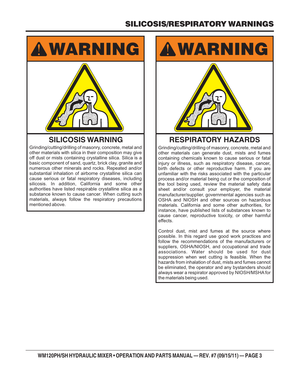 Warning | Multiquip WM120SH Series User Manual | Page 3 / 108