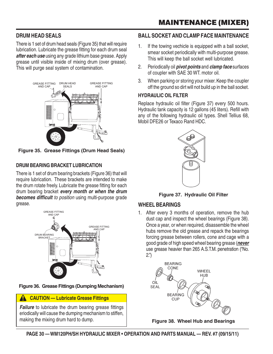 Maintenance (mixer), Drum head seals, Ball socket and clamp face maintenance | Wheel bearings | Multiquip WM120SH Series User Manual | Page 30 / 108