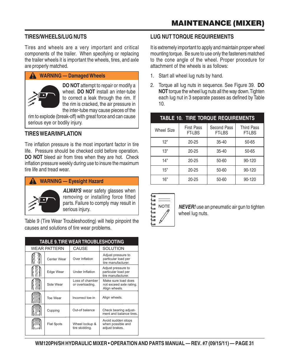Maintenance (mixer), Tires/wheels/lug nuts, Tires wear/inflation | Lug nut torque requirements | Multiquip WM120SH Series User Manual | Page 31 / 108