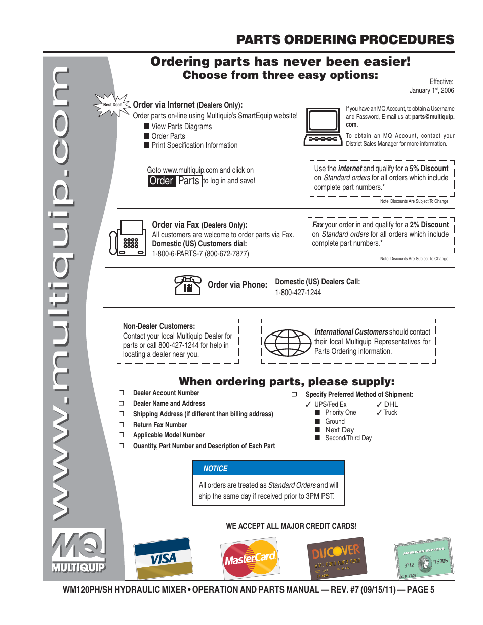 Ordering parts has never been easier, Parts ordering procedures, Choose from three easy options | When ordering parts, please supply, Order parts | Multiquip WM120SH Series User Manual | Page 5 / 108