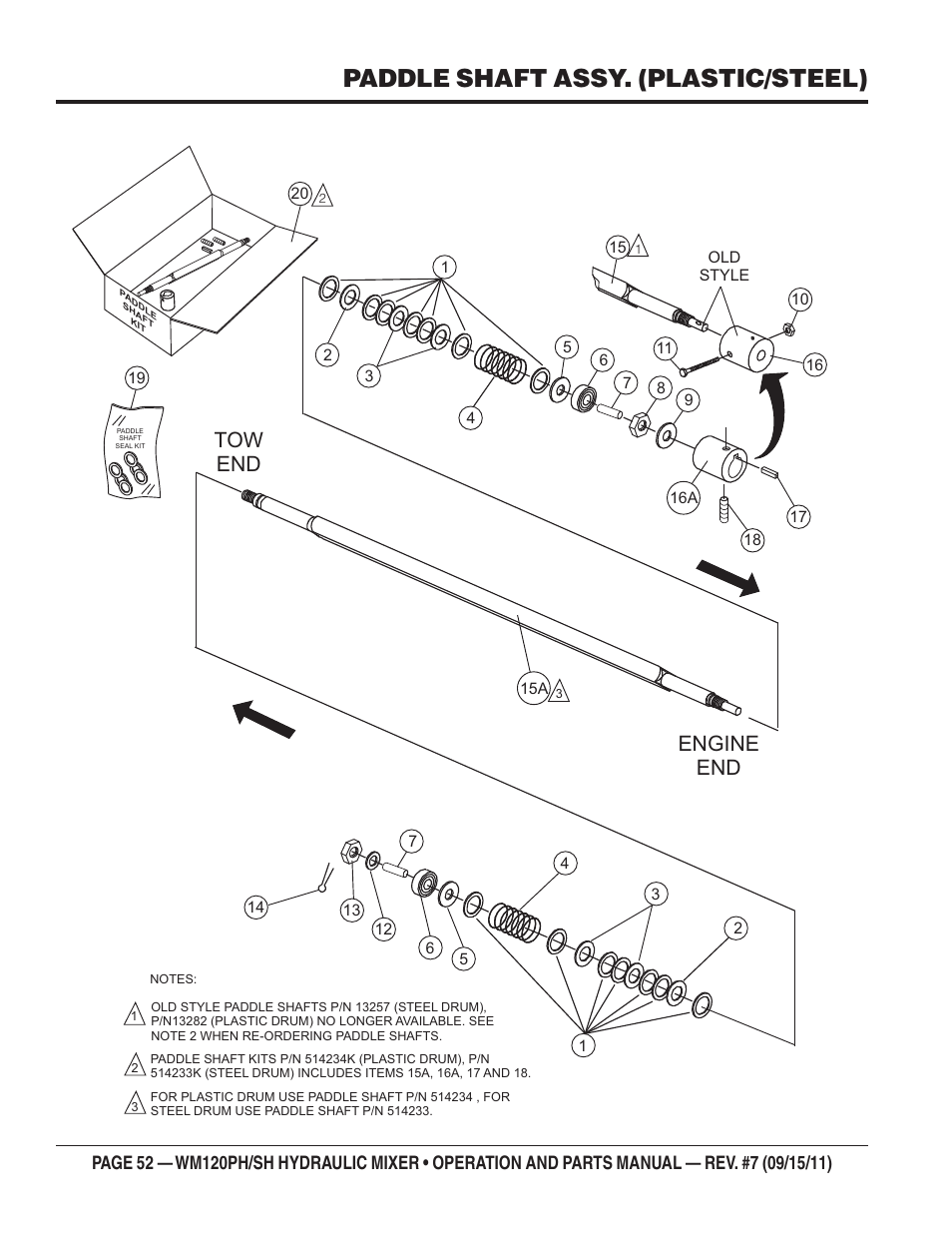 Paddle shaft assy. (plastic/steel), Tow end engine end | Multiquip WM120SH Series User Manual | Page 52 / 108