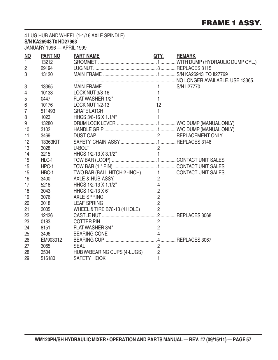 Frame 1 assy | Multiquip WM120SH Series User Manual | Page 57 / 108