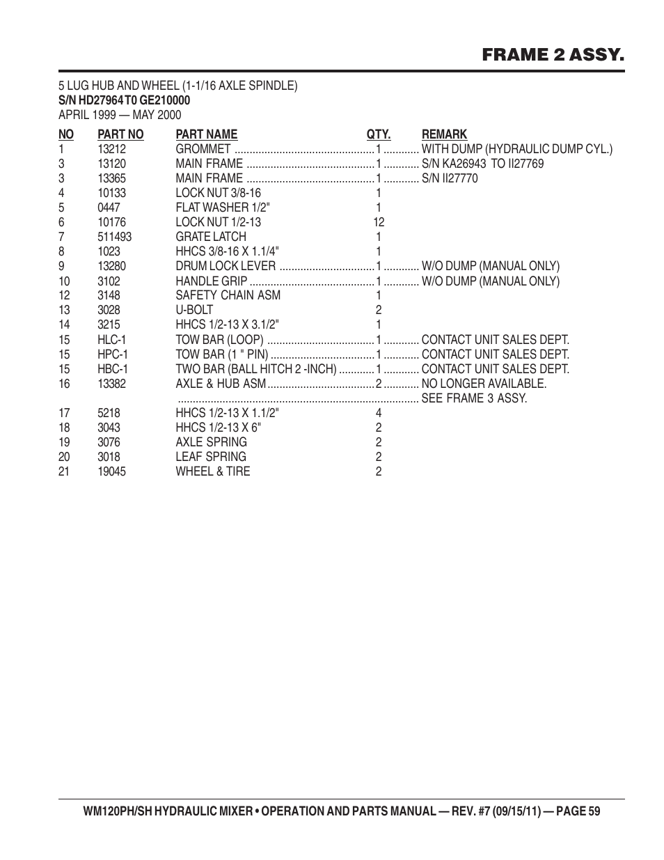 Frame 2 assy | Multiquip WM120SH Series User Manual | Page 59 / 108