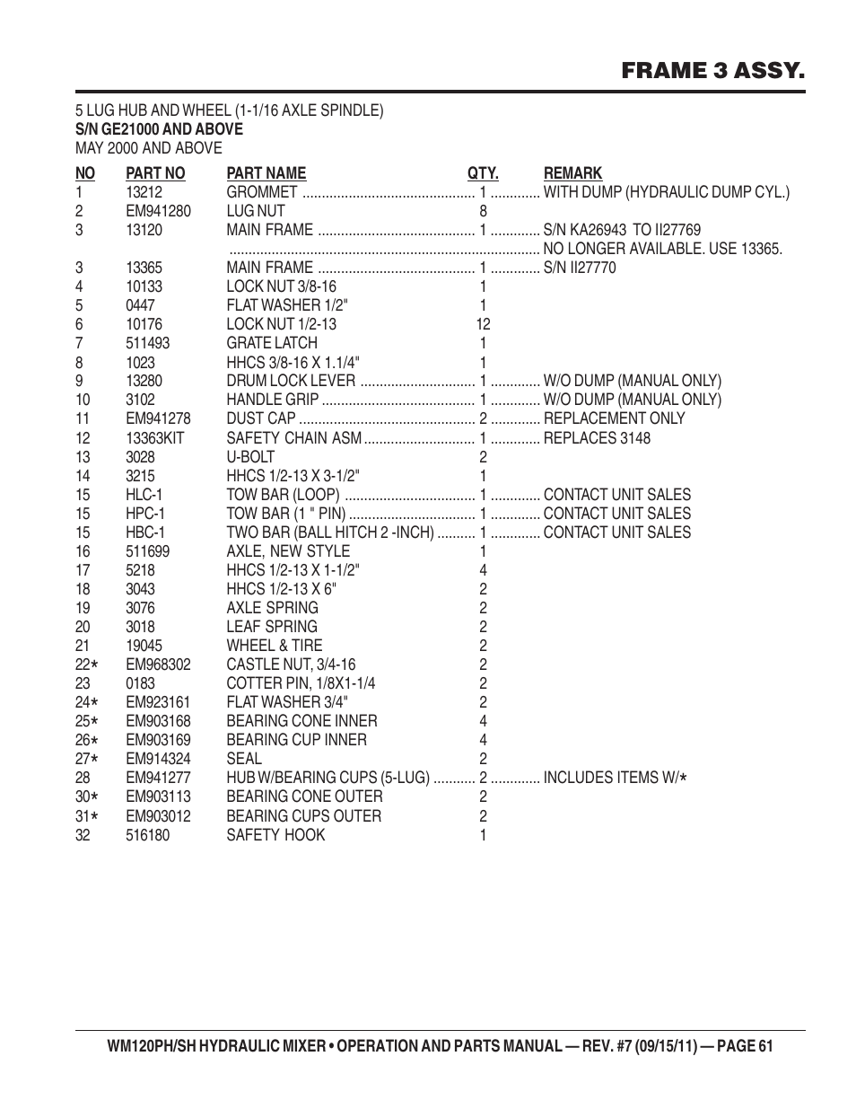 Frame 3 assy | Multiquip WM120SH Series User Manual | Page 61 / 108