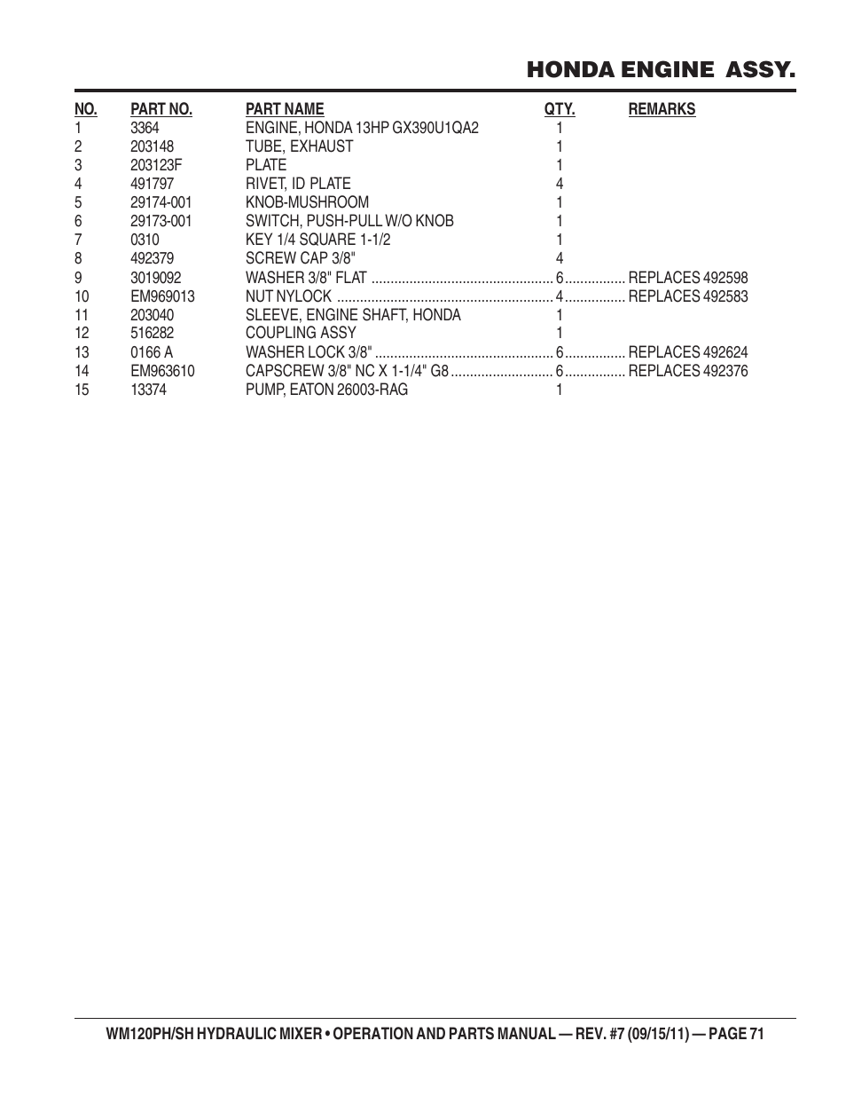 Honda engine assy | Multiquip WM120SH Series User Manual | Page 71 / 108