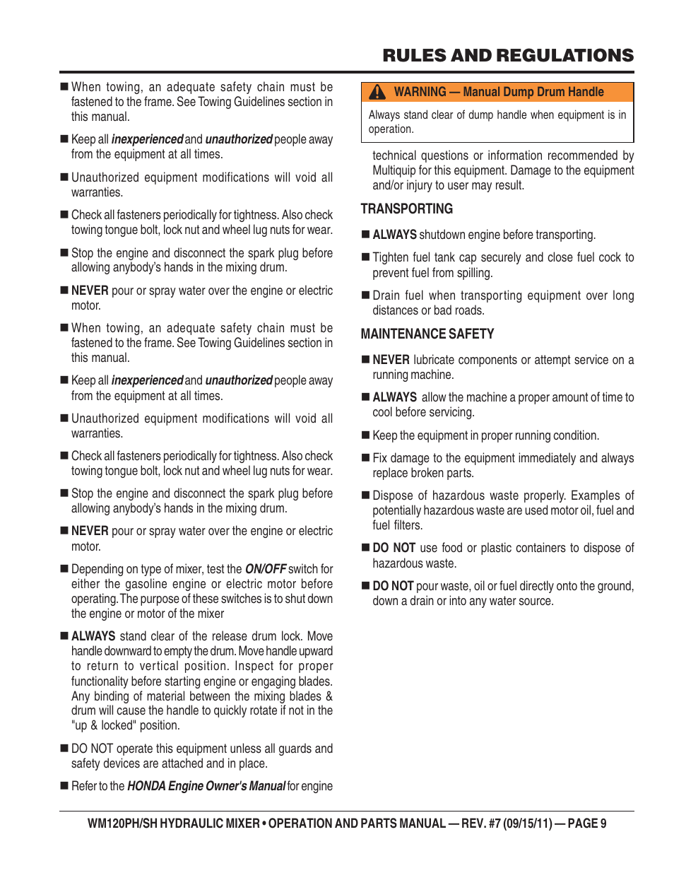 Rules and regulations | Multiquip WM120SH Series User Manual | Page 9 / 108