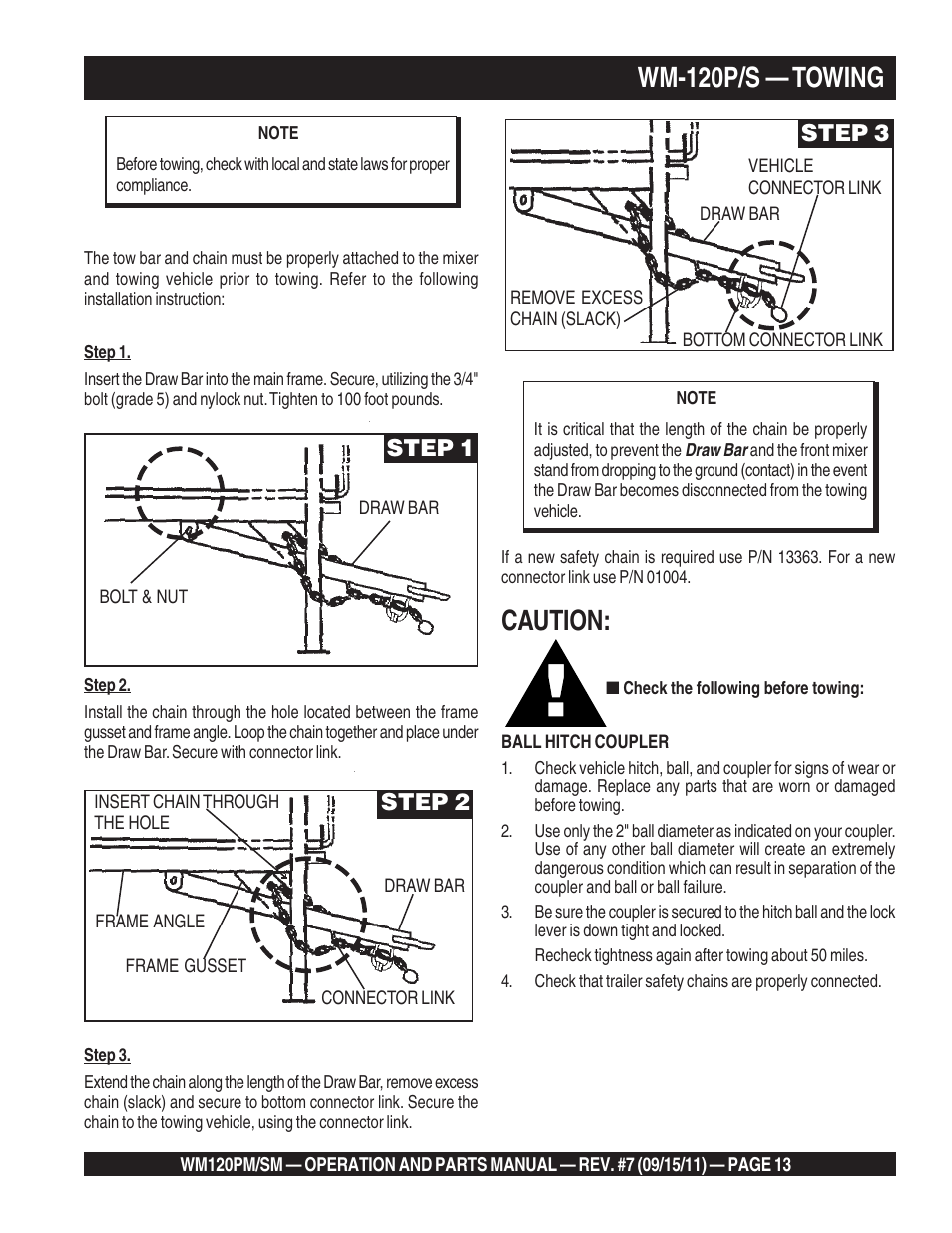 Wm-120p/s — towing, Caution, Step 1 | Step 2, Step 3 | Multiquip WM120SM Series User Manual | Page 13 / 50