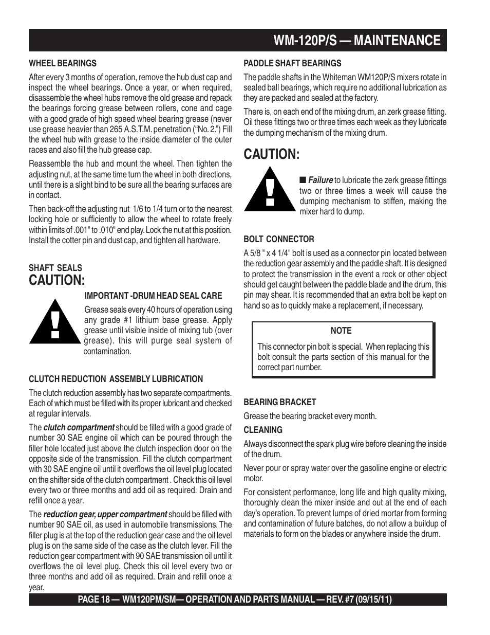 Wm-120p/s — maintenance, Caution | Multiquip WM120SM Series User Manual | Page 18 / 50