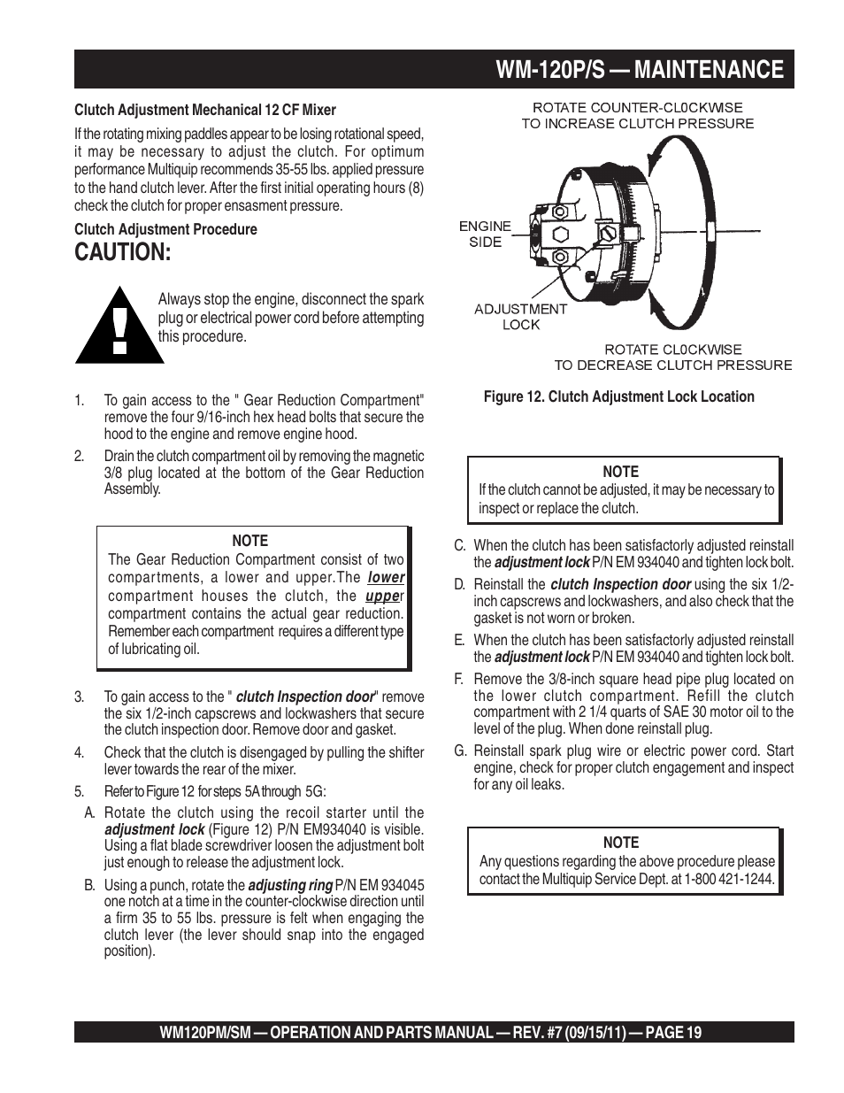 Wm-120p/s — maintenance, Caution | Multiquip WM120SM Series User Manual | Page 19 / 50