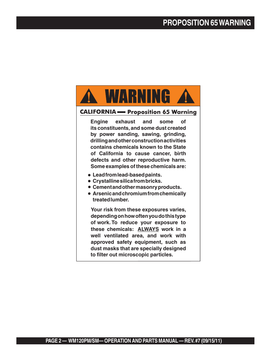 Proposition 65 warning | Multiquip WM120SM Series User Manual | Page 2 / 50