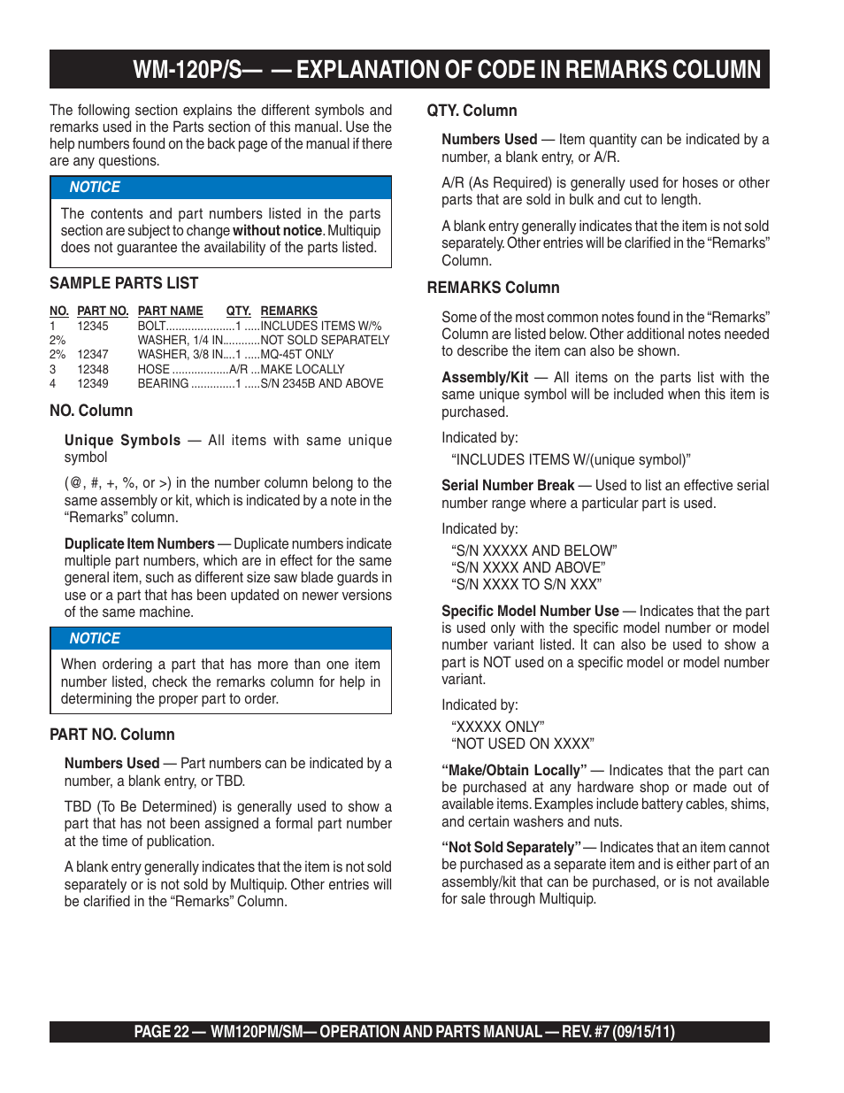 Wm-120p/s— — explanation of code in remarks column | Multiquip WM120SM Series User Manual | Page 22 / 50