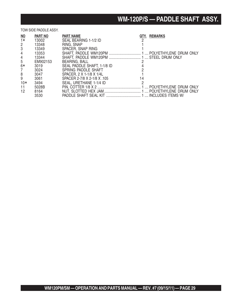 Wm-120p/s — paddle shaft assy | Multiquip WM120SM Series User Manual | Page 29 / 50