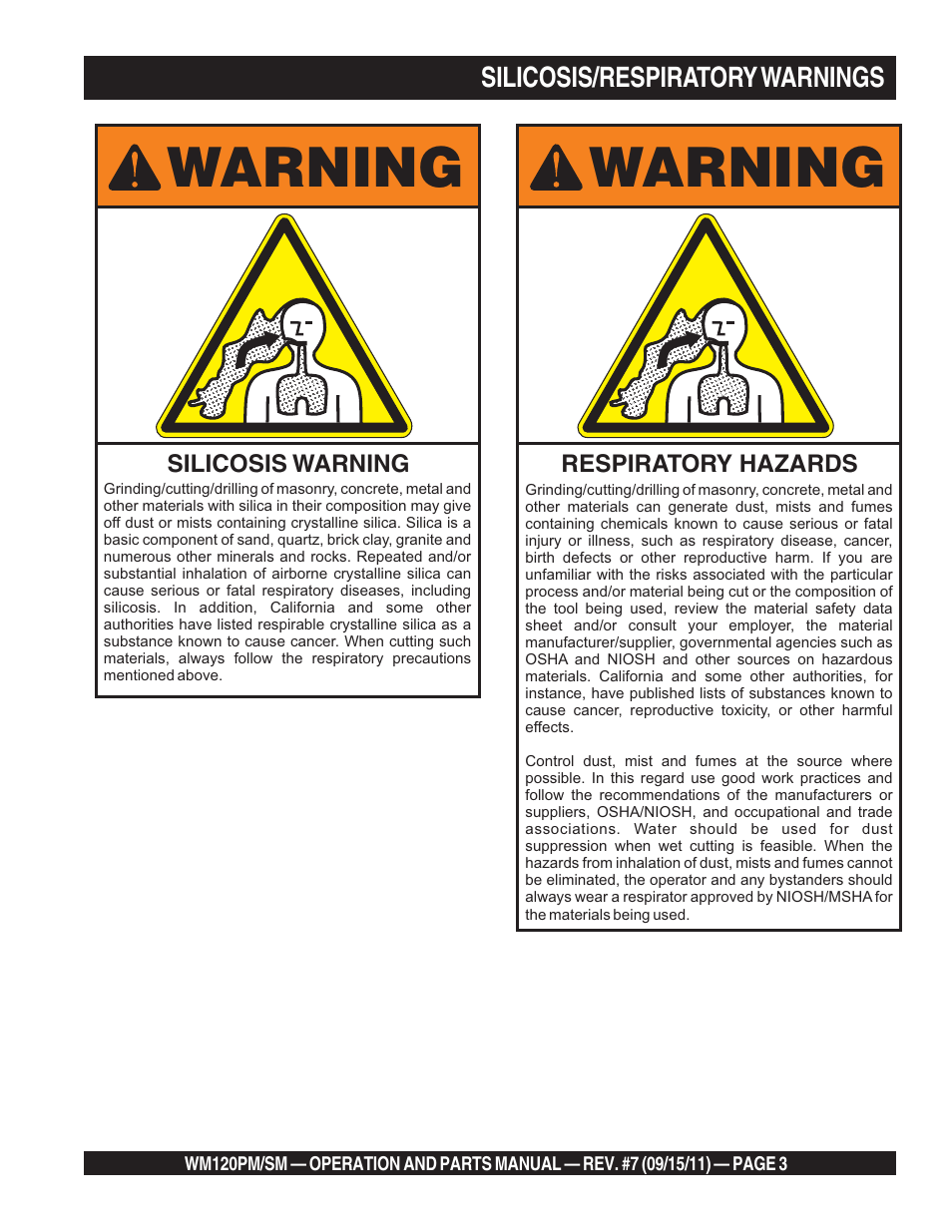 Warning | Multiquip WM120SM Series User Manual | Page 3 / 50