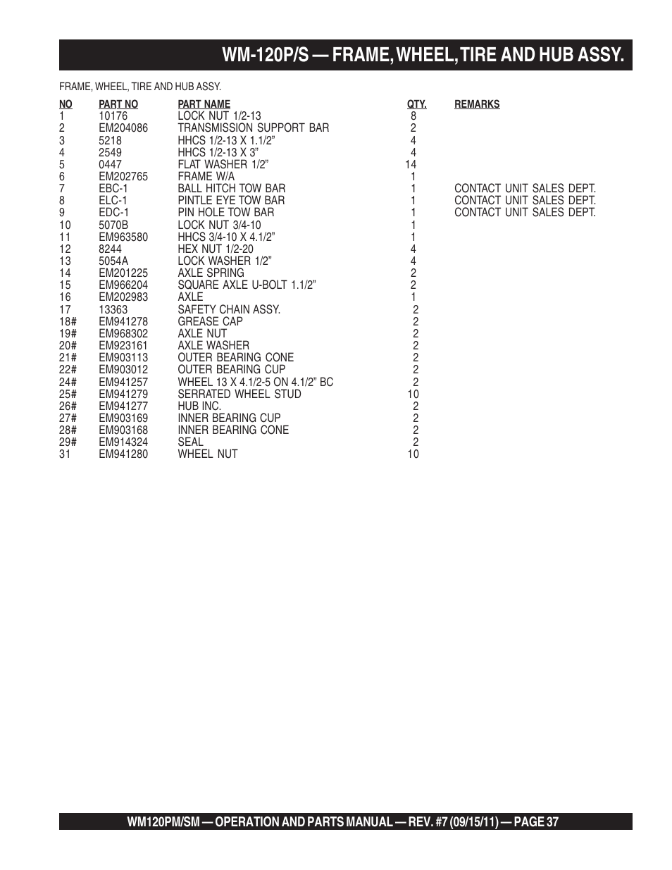 Wm-120p/s — frame, wheel, tire and hub assy | Multiquip WM120SM Series User Manual | Page 37 / 50