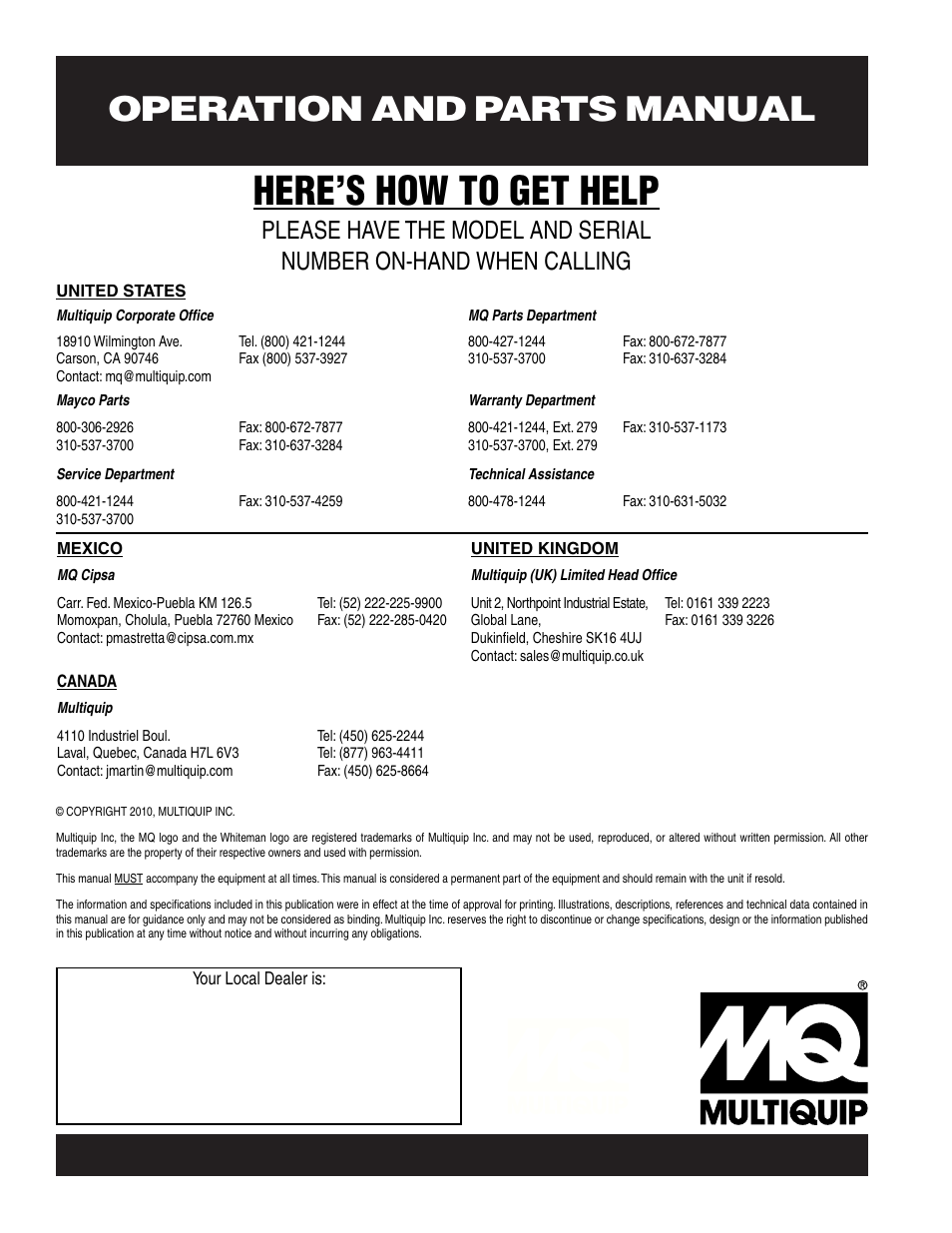 Here’s how to get help, Operation and parts manual | Multiquip WM120SM Series User Manual | Page 50 / 50