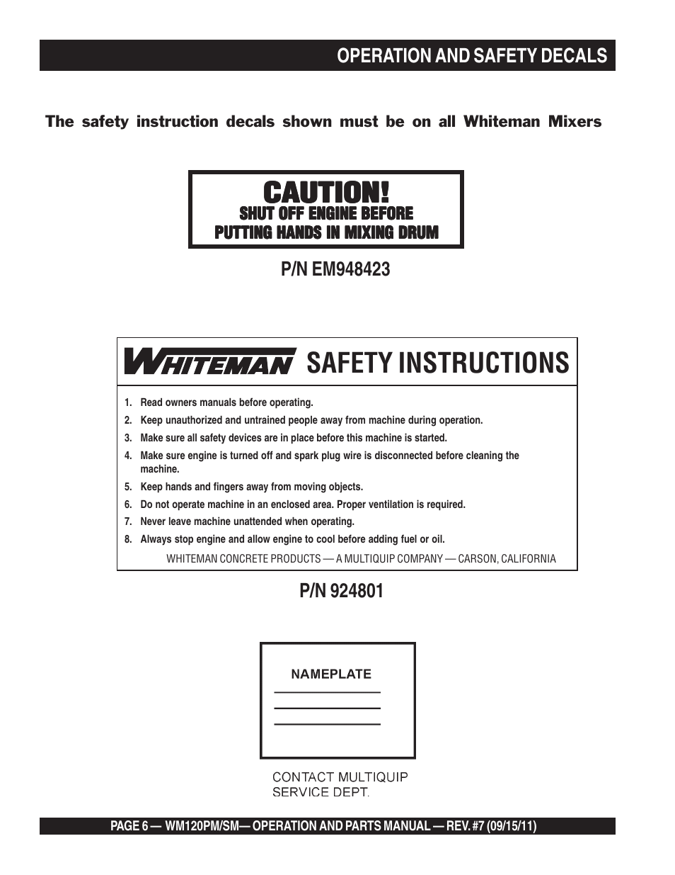 Safety instructions, Caution | Multiquip WM120SM Series User Manual | Page 6 / 50