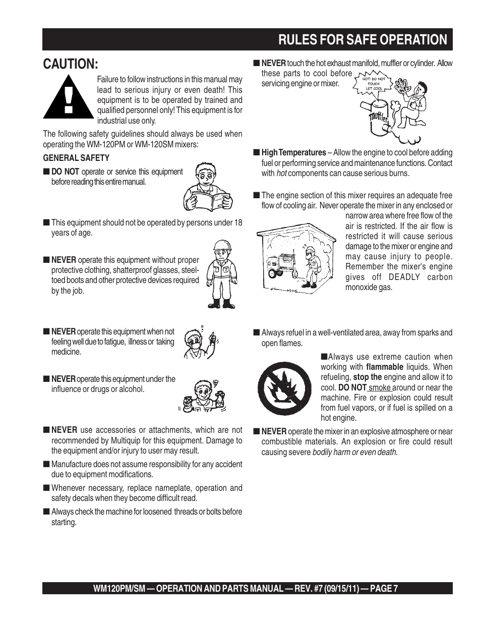 Caution, Rules for safe operation | Multiquip WM120SM Series User Manual | Page 7 / 50