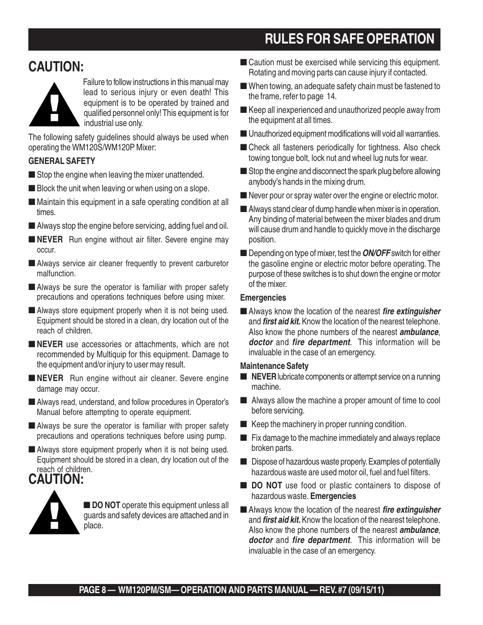 Caution, Rules for safe operation | Multiquip WM120SM Series User Manual | Page 8 / 50