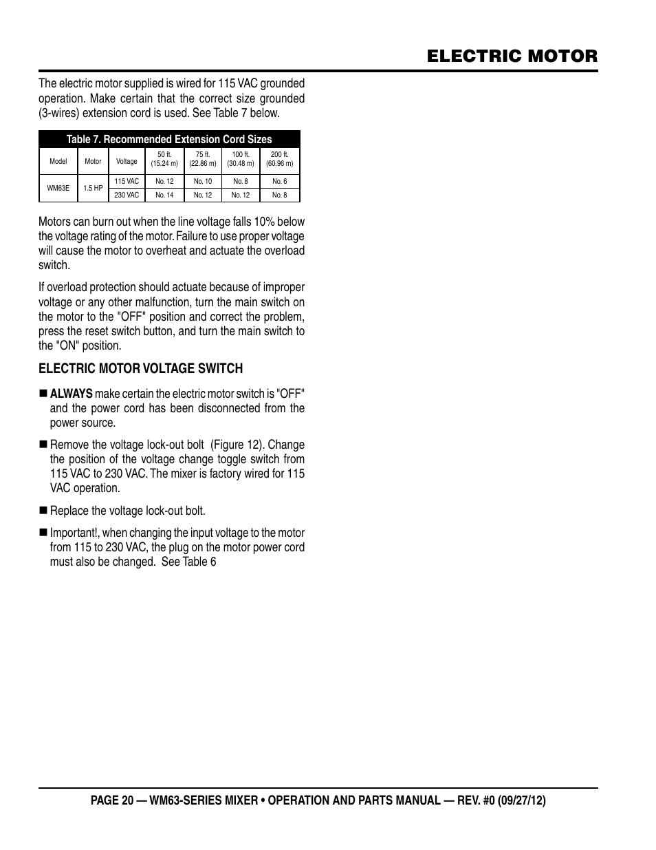 Electric motor, Electric motor voltage switch | Multiquip WM63h8 User Manual | Page 20 / 60