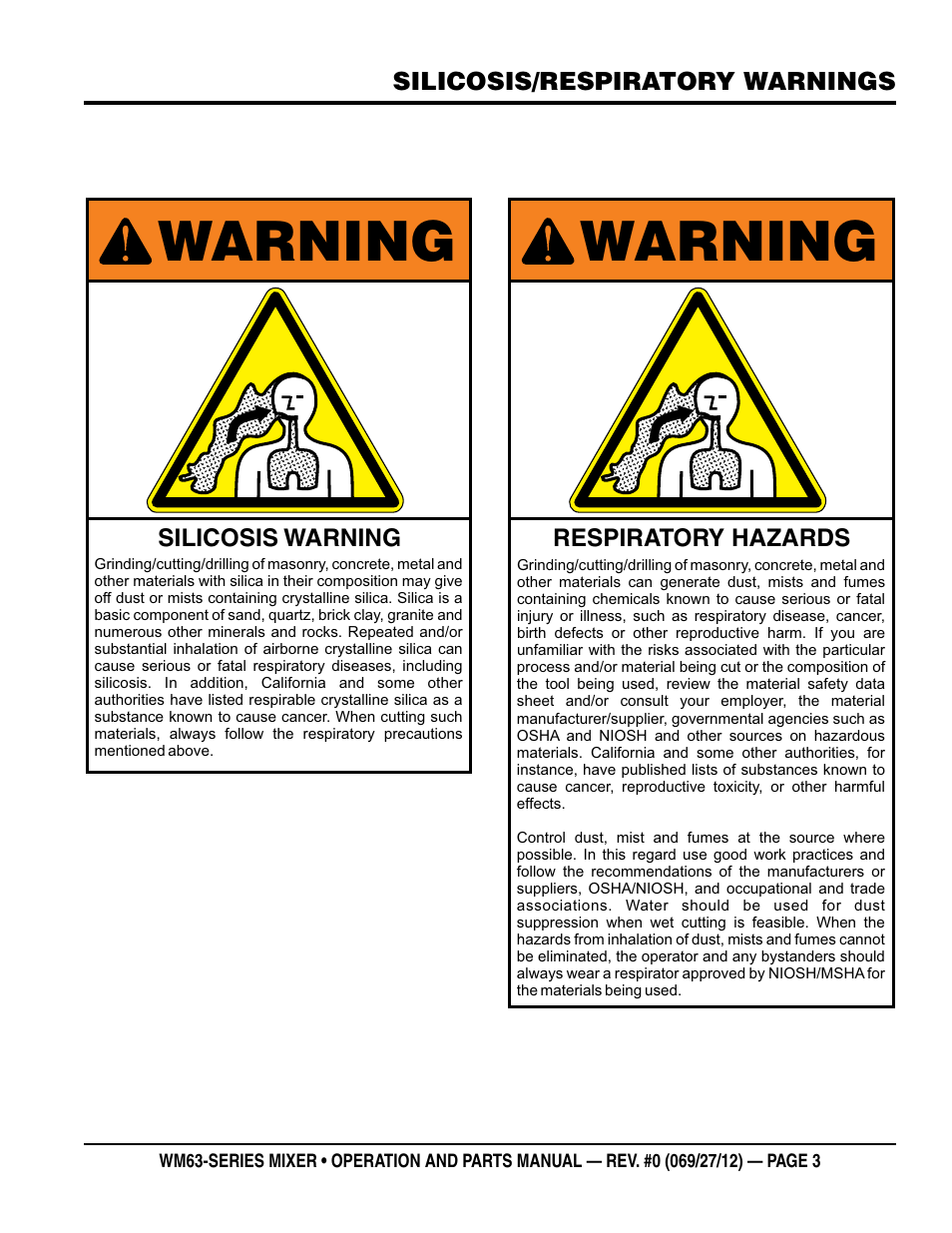 Warning | Multiquip WM63h8 User Manual | Page 3 / 60