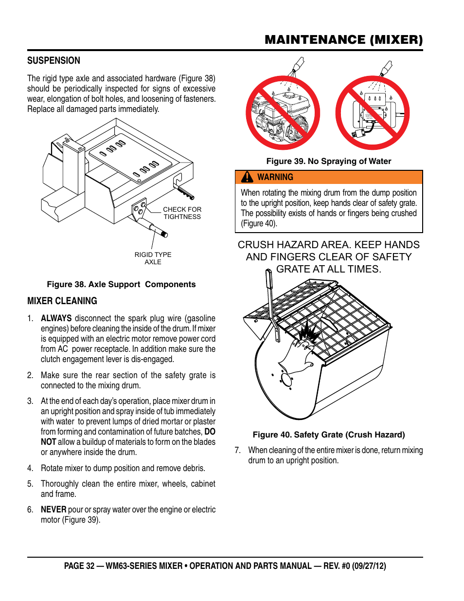 Maintenance (mixer), Suspension, Mixer cleaning | Multiquip WM63h8 User Manual | Page 32 / 60