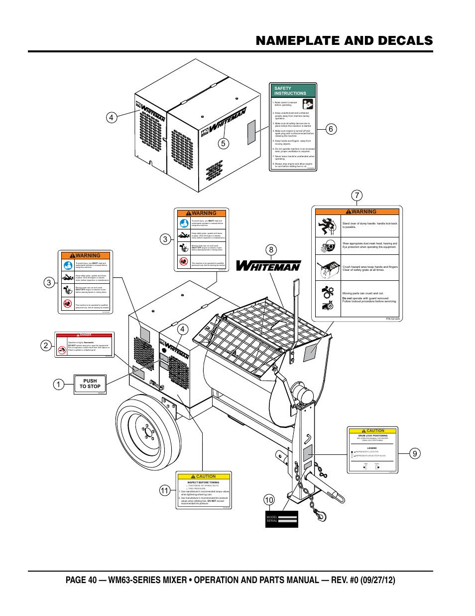 Nameplate and decals, Warning, Push to stop | Multiquip WM63h8 User Manual | Page 40 / 60