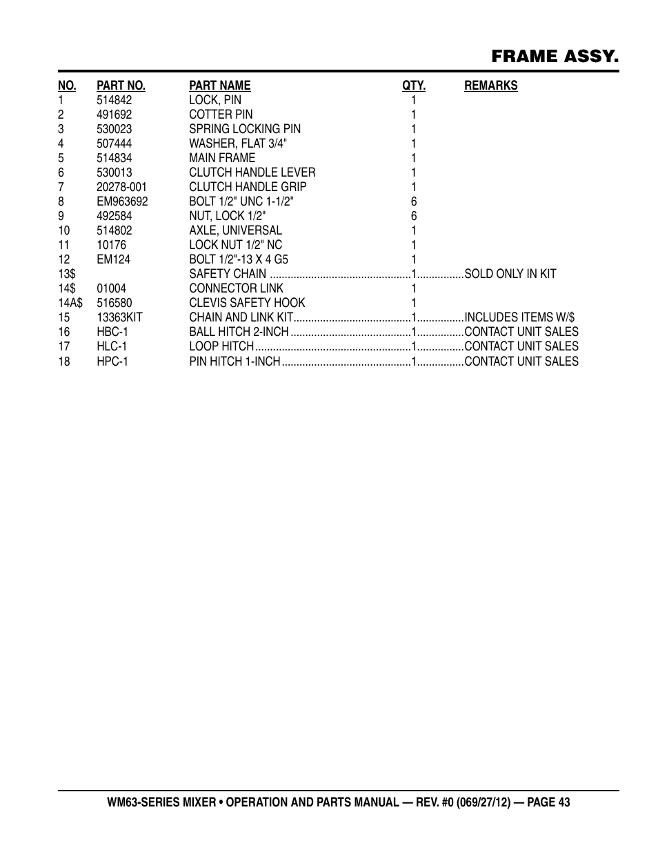 Frame assy | Multiquip WM63h8 User Manual | Page 43 / 60