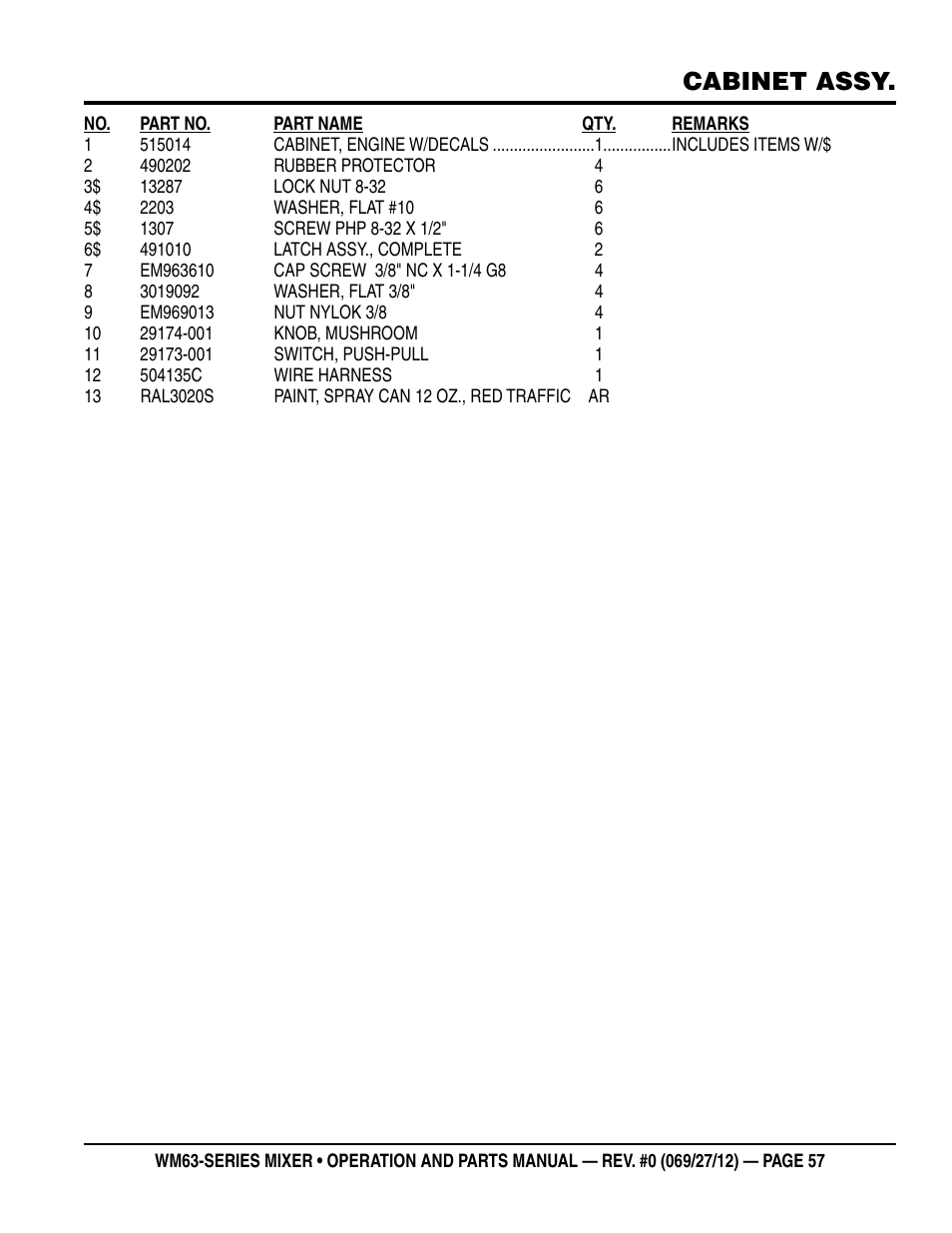 Cabinet assy | Multiquip WM63h8 User Manual | Page 57 / 60
