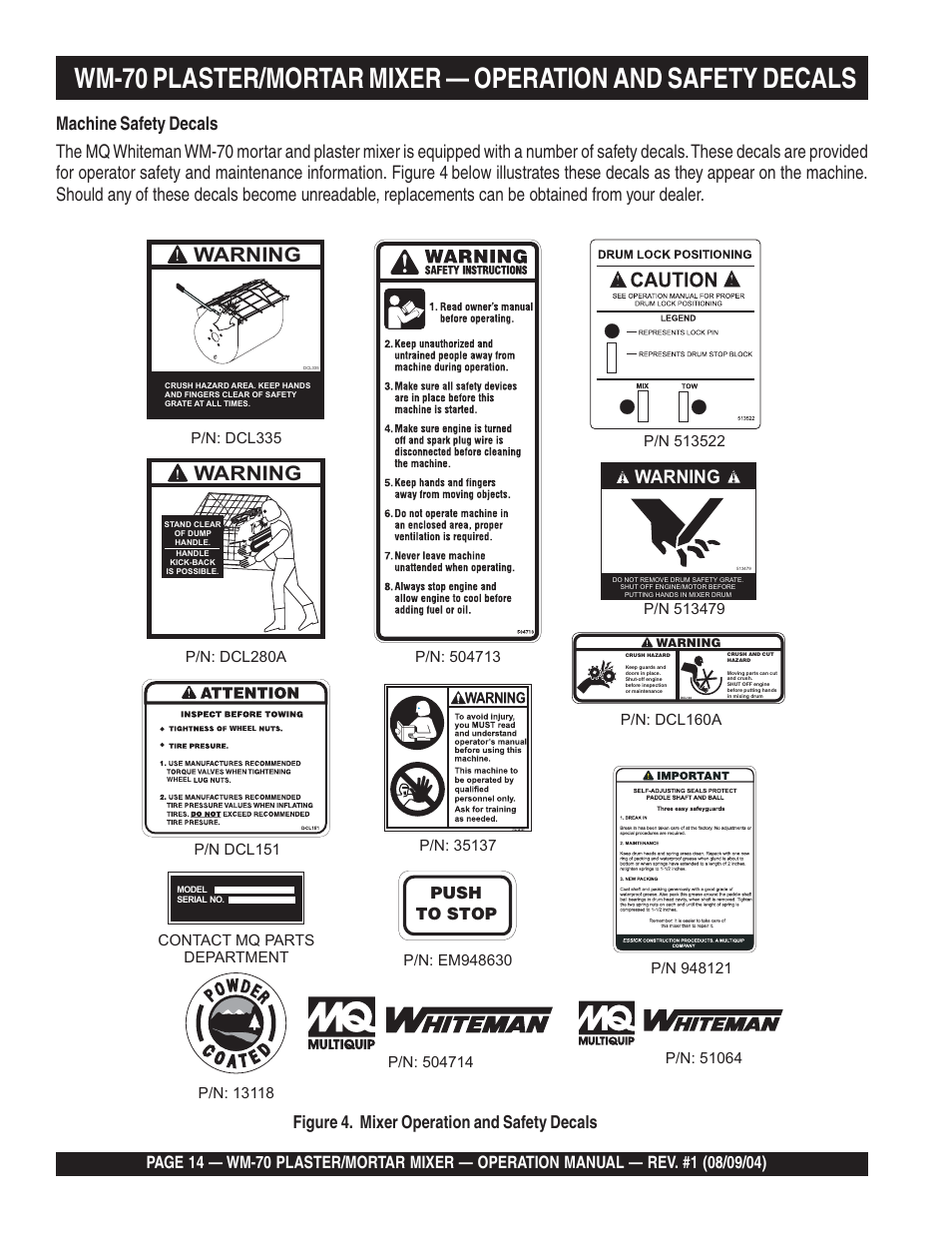 Warning, Figure 4. mixer operation and safety decals, Push to stop | Multiquip WM70P User Manual | Page 14 / 40
