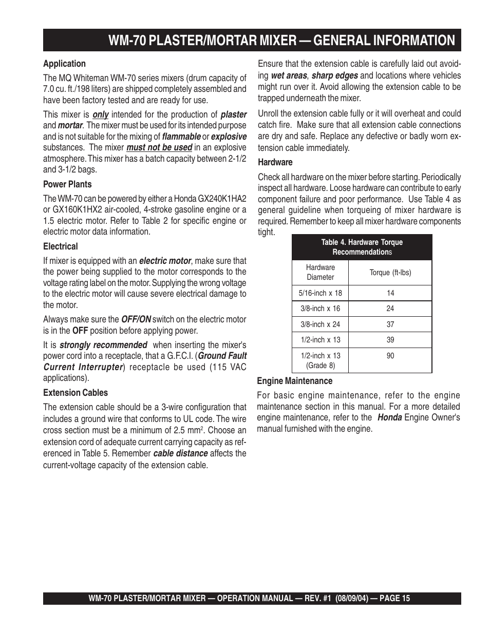 Wm-70 plaster/mortar mixer — general information | Multiquip WM70P User Manual | Page 15 / 40