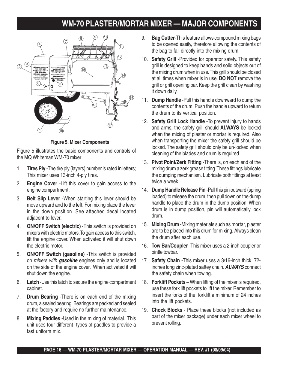 Wm-70 plaster/mortar mixer — major components | Multiquip WM70P User Manual | Page 16 / 40