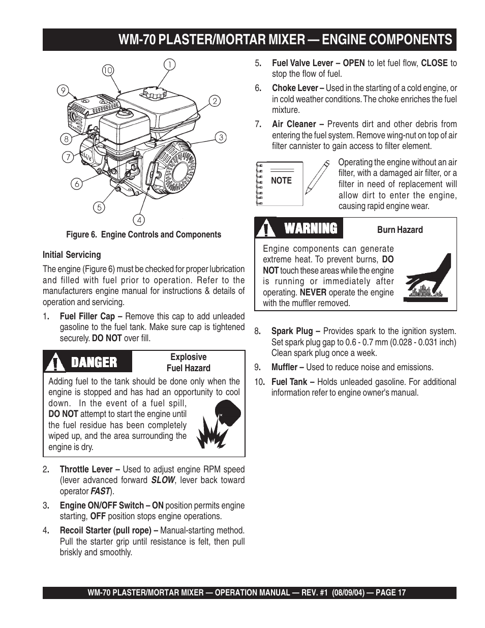 Wm-70 plaster/mortar mixer — engine components, Danger, Warning | Multiquip WM70P User Manual | Page 17 / 40