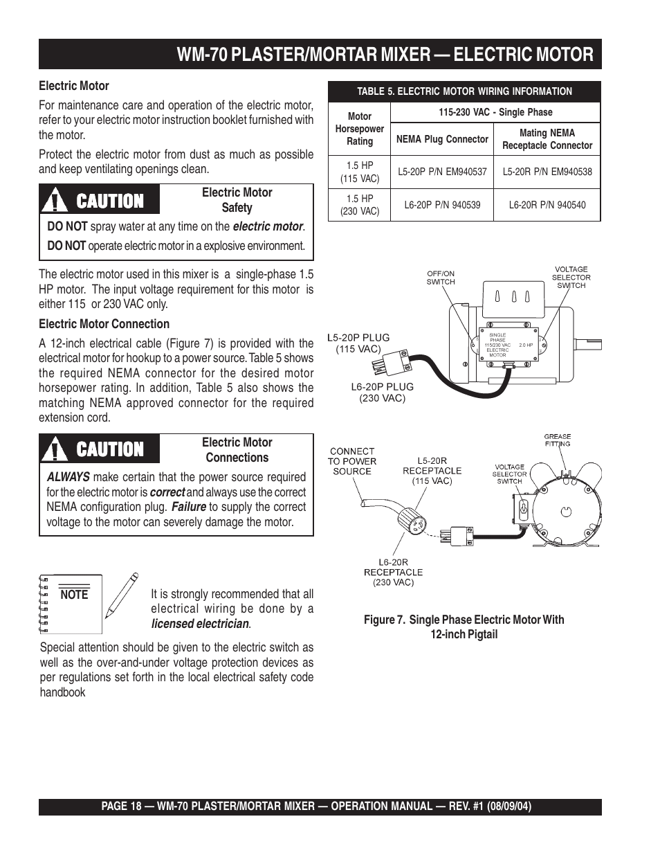 Wm-70 plaster/mortar mixer — electric motor, Caution | Multiquip WM70P User Manual | Page 18 / 40