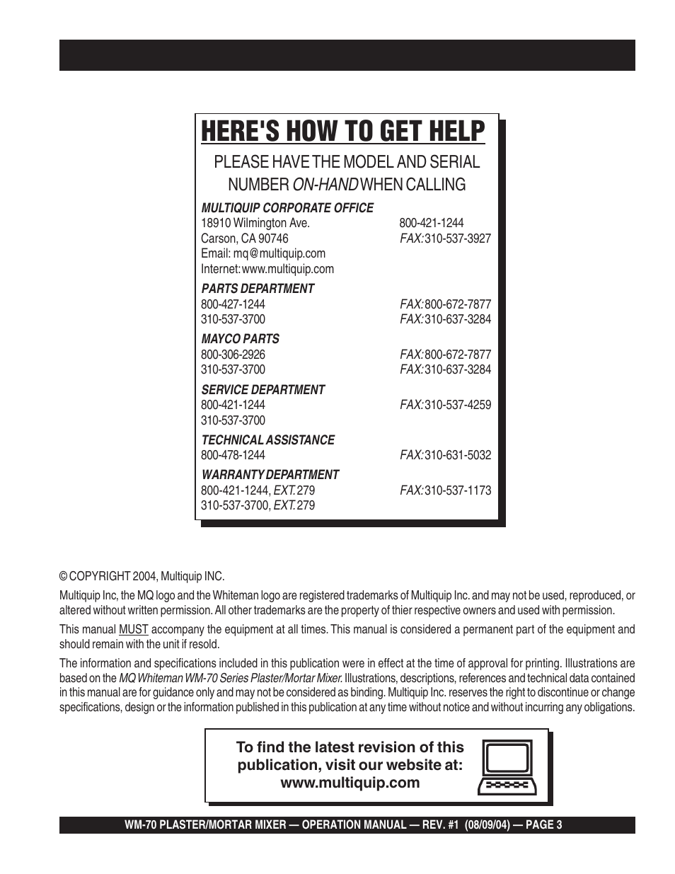 Here's how to get help, On-hand, Please have the model and serial number | When calling | Multiquip WM70P User Manual | Page 3 / 40