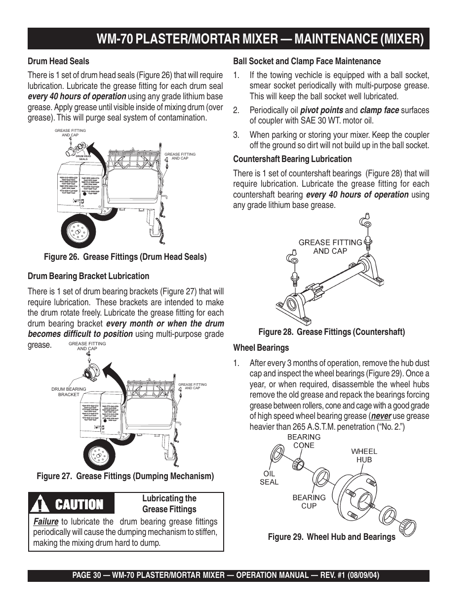 Wm-70 plaster/mortar mixer — maintenance (mixer), Caution | Multiquip WM70P User Manual | Page 30 / 40