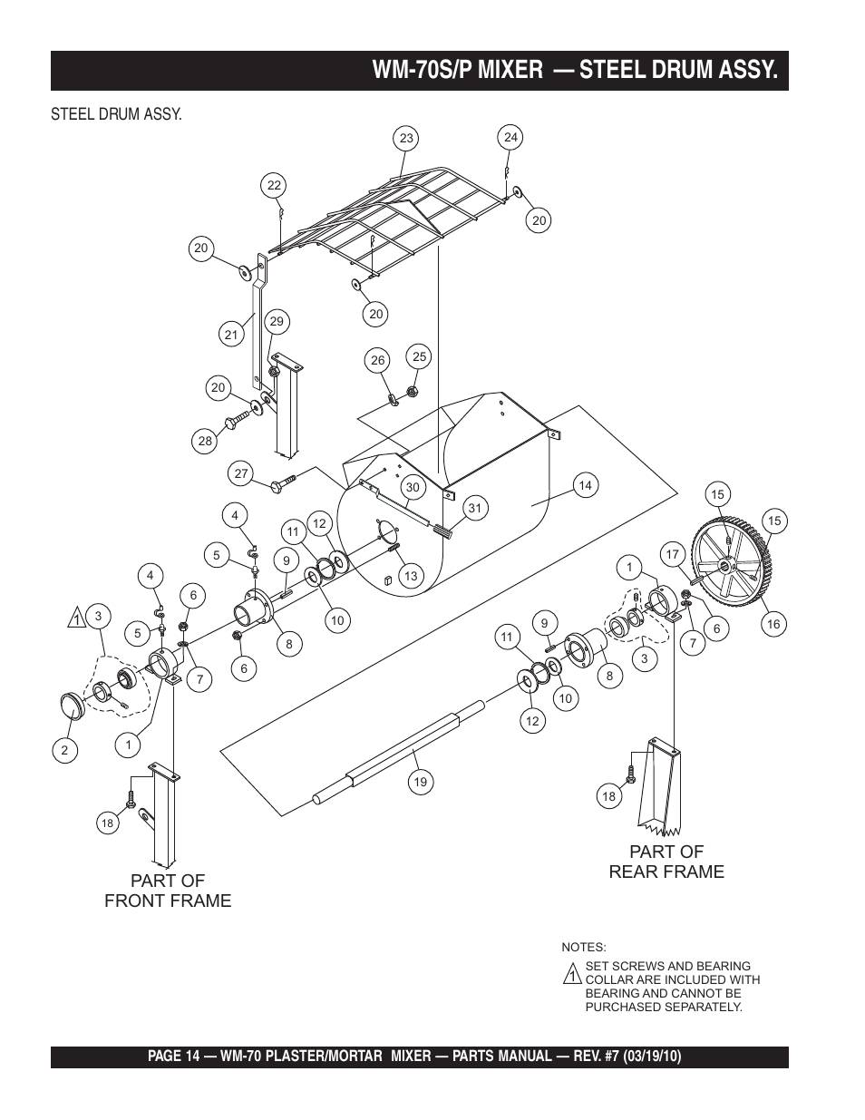 Wm-70s/p mixer — steel drum assy, Part of front frame part of rear frame, Steel drum assy | Multiquip WM70P User Manual | Page 14 / 100