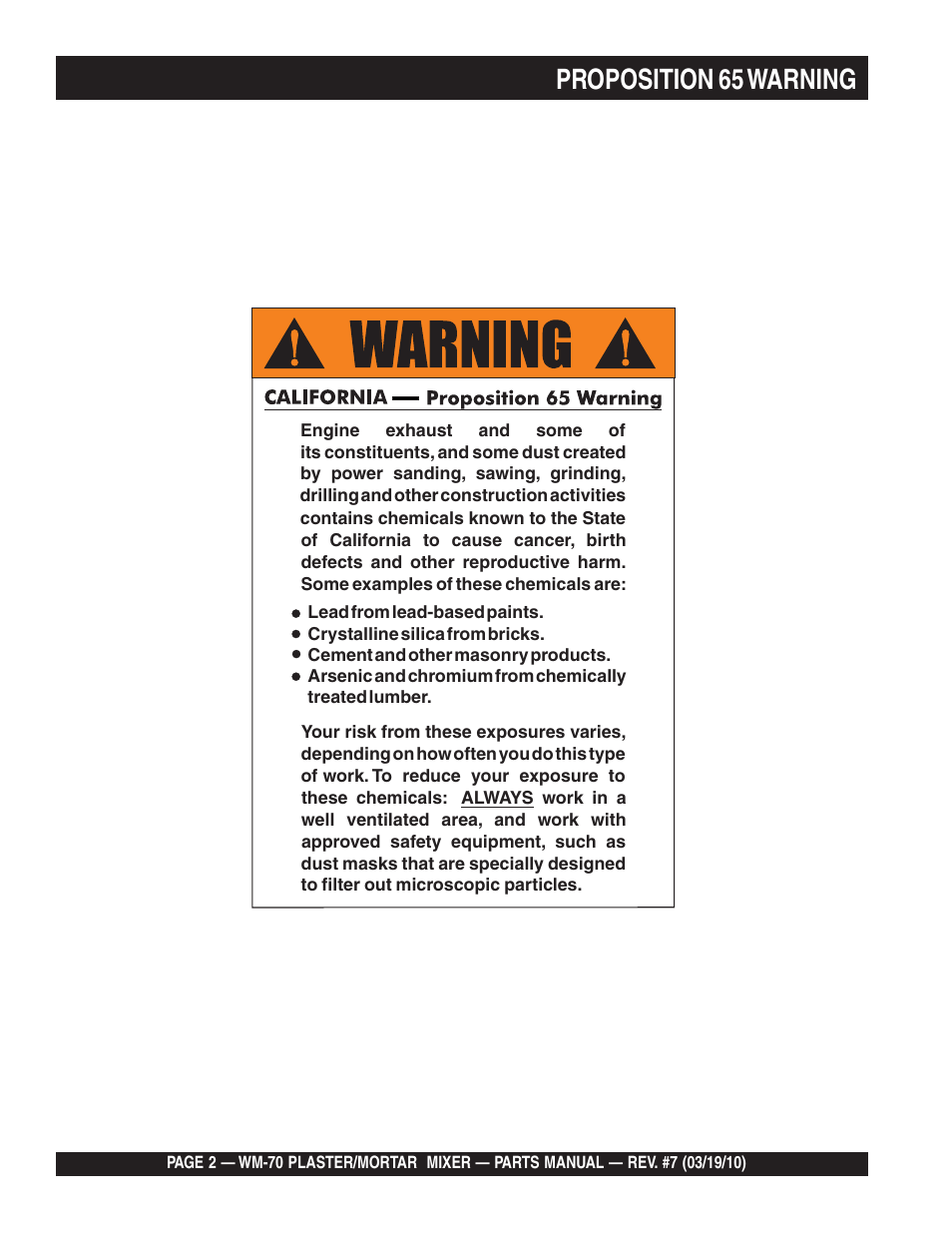 Proposition 65 warning | Multiquip WM70P User Manual | Page 2 / 100